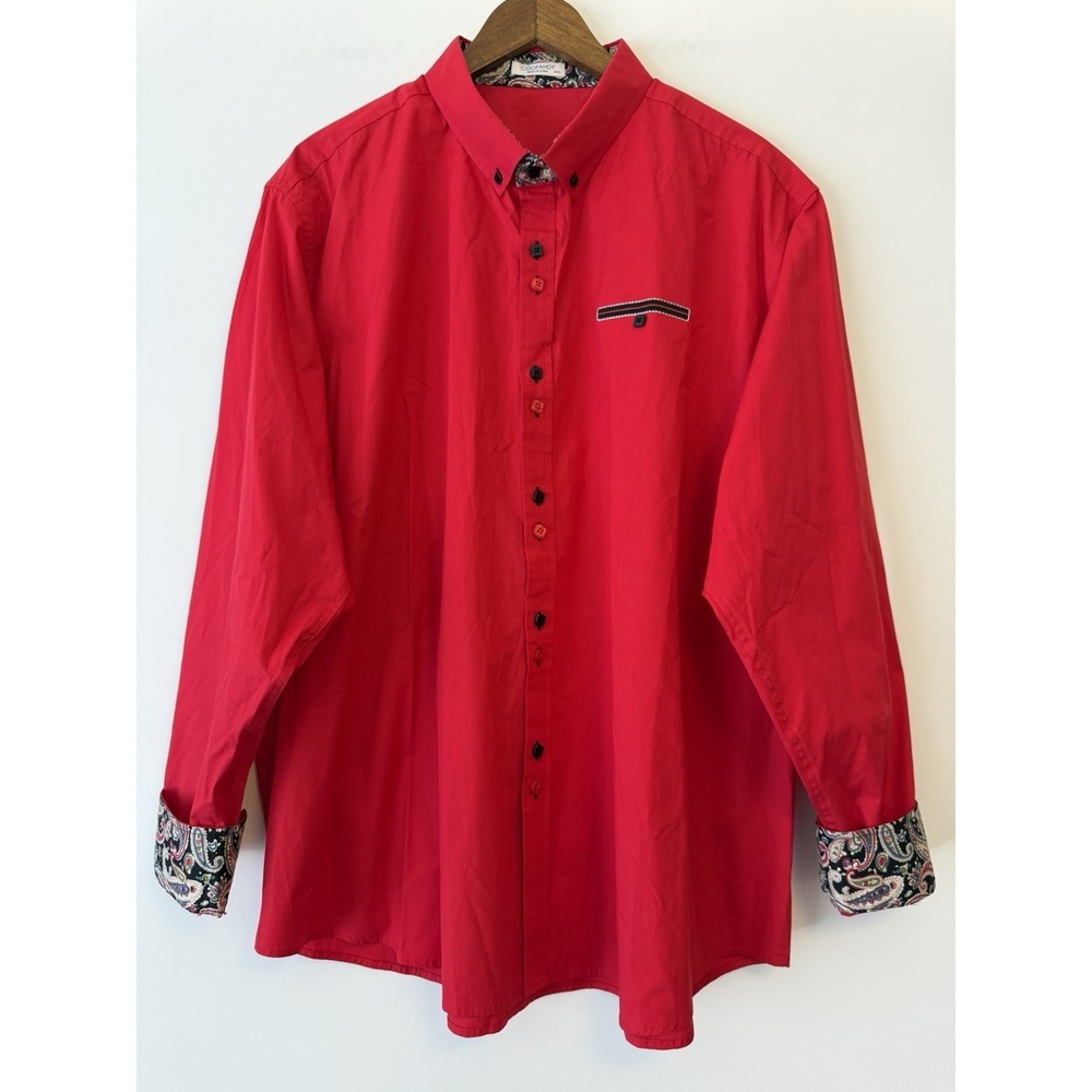 Coofandy Button Up Collared Shirt Mens XXXL Red Paisley Black Trim Party Western